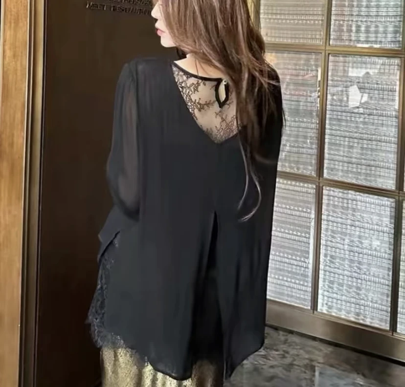 01-399胖大码版蕾丝假两件上衣2025年秋冬季新款宽松时尚打底