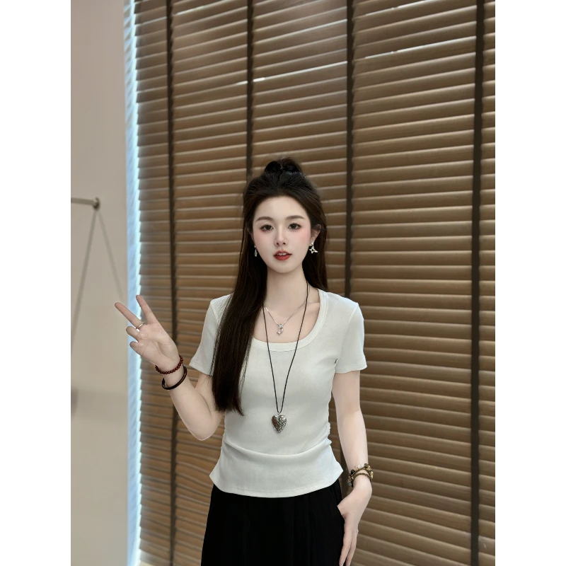 宿慕SUMU 夏季U型领简约上衣2025新款6-19百搭显瘦短袖T恤B1908H