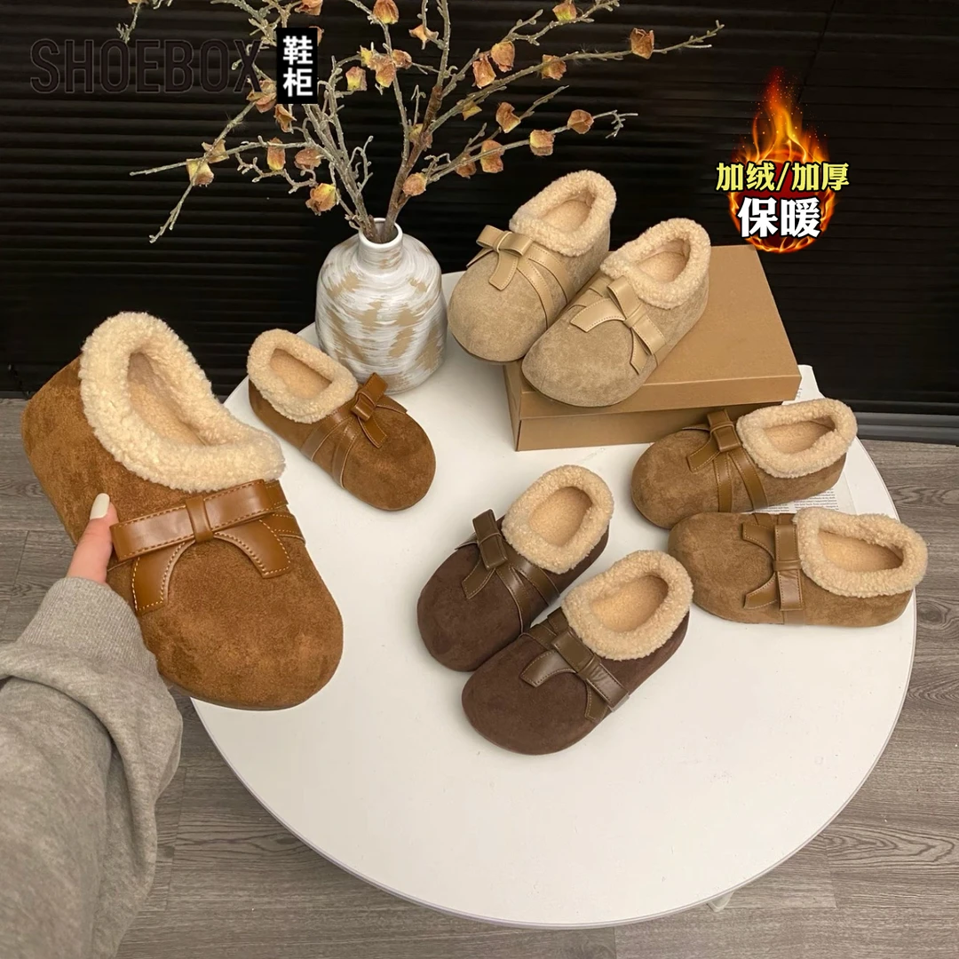 SHOEBOX鞋柜蝴蝶结厚底勃肯鞋女2025冬款棉鞋一脚蹬懒人豆豆鞋
