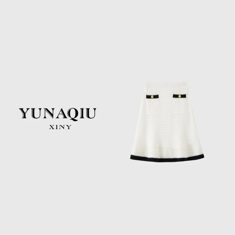 YUNAQIU-气质百搭女士白色女装半身裙轻奢百褶裙-8047