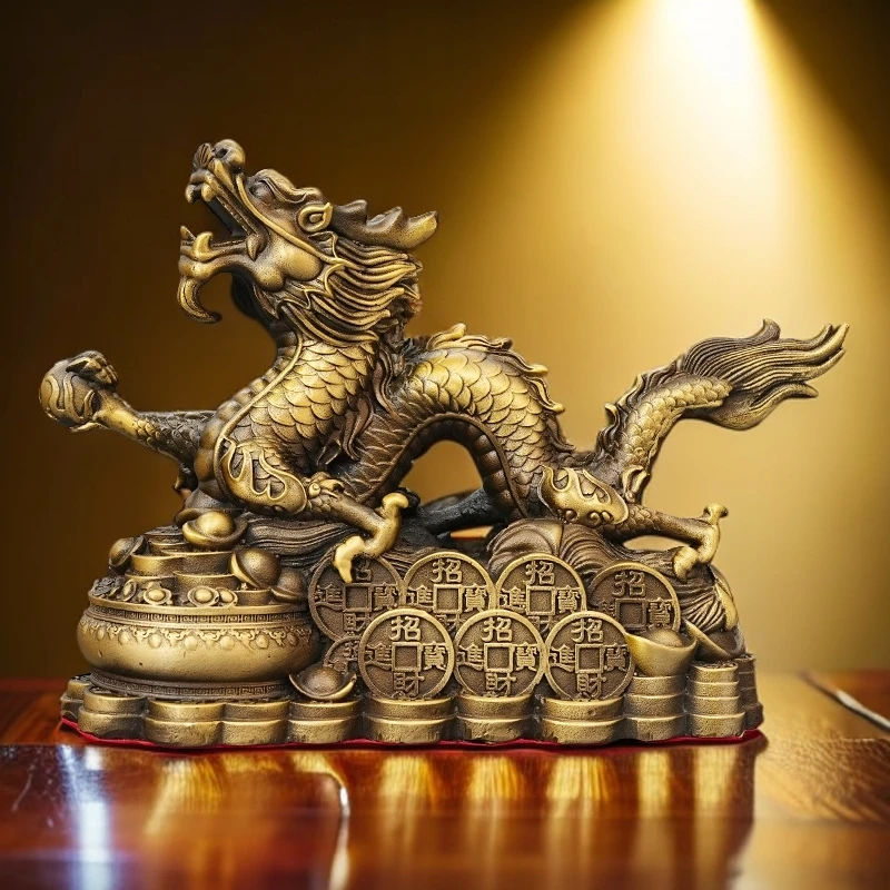 【师傅推荐】聚宝五爪金龙摆件办公室客厅玄关黄铜青龙生肖黄铜送礼