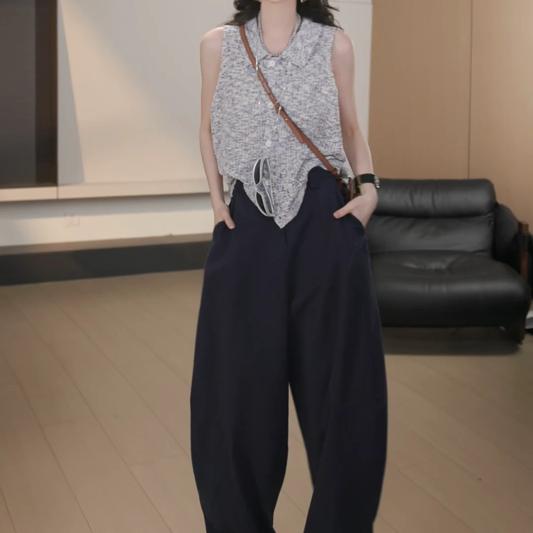 【雾都恋人】POLO领无袖背心夏季上衣+休闲风弯刀阔腿裤LK2503338