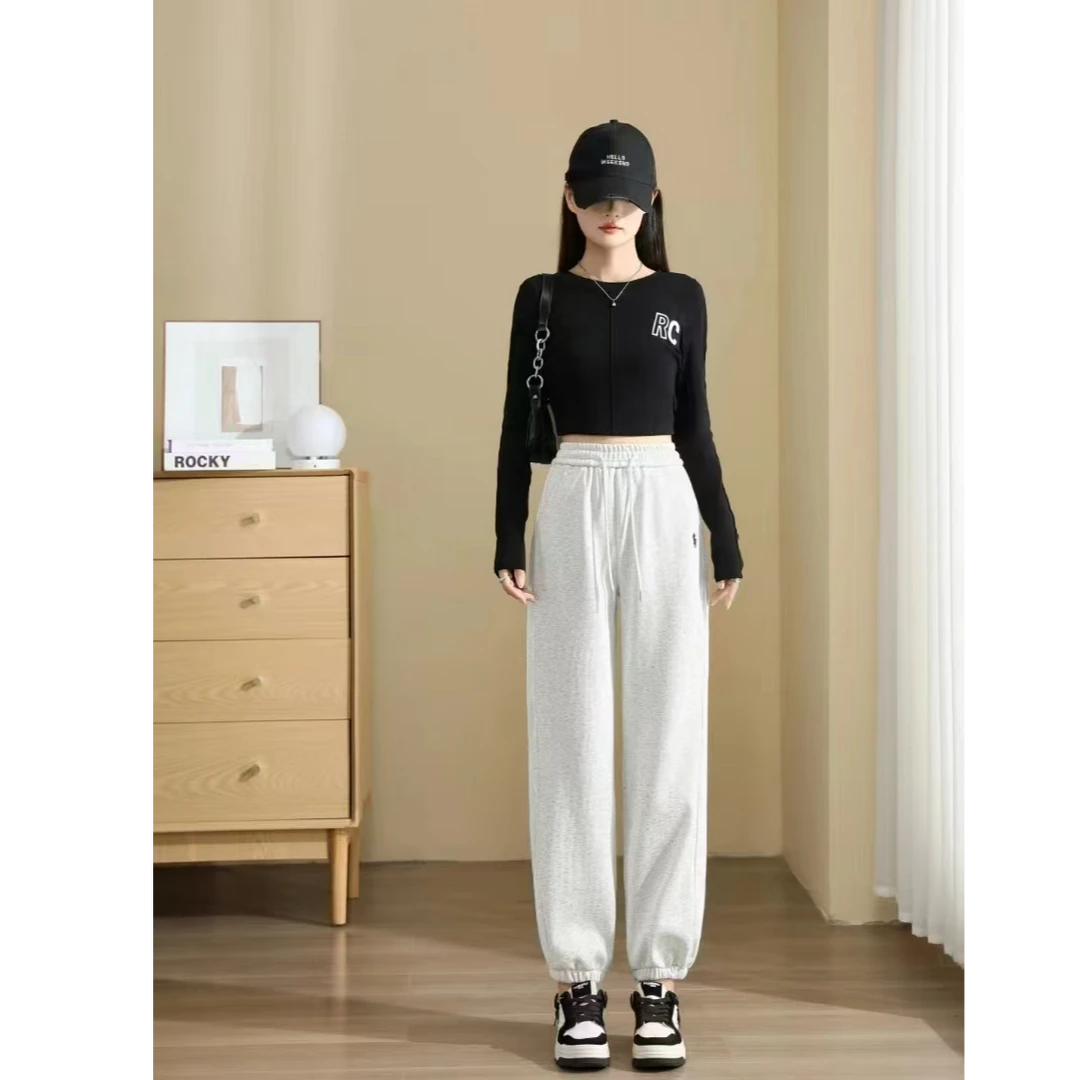 600g~秋冬松紧腰刺绣加绒加厚百搭束脚卫裤5073