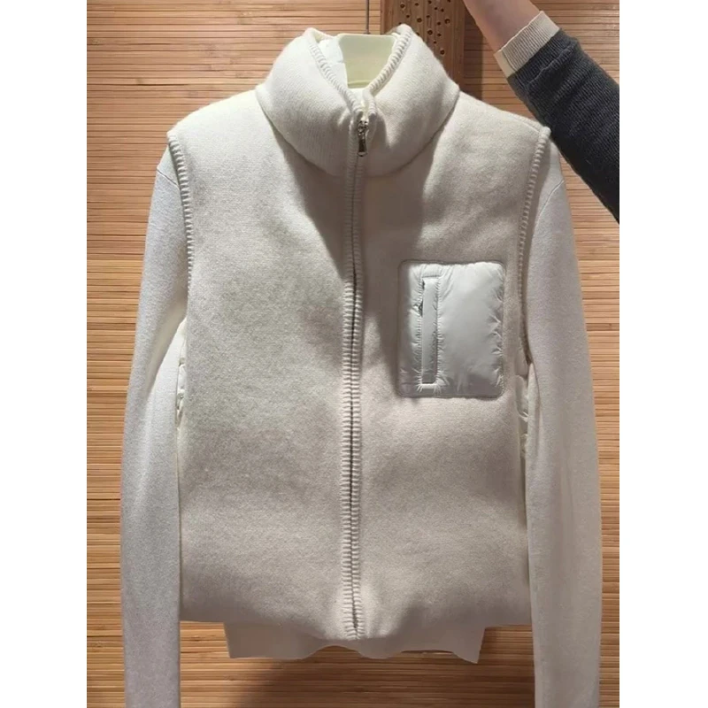 2025高级感别致独特小众设计欧货休闲洋气杏色针织拼接马甲外套