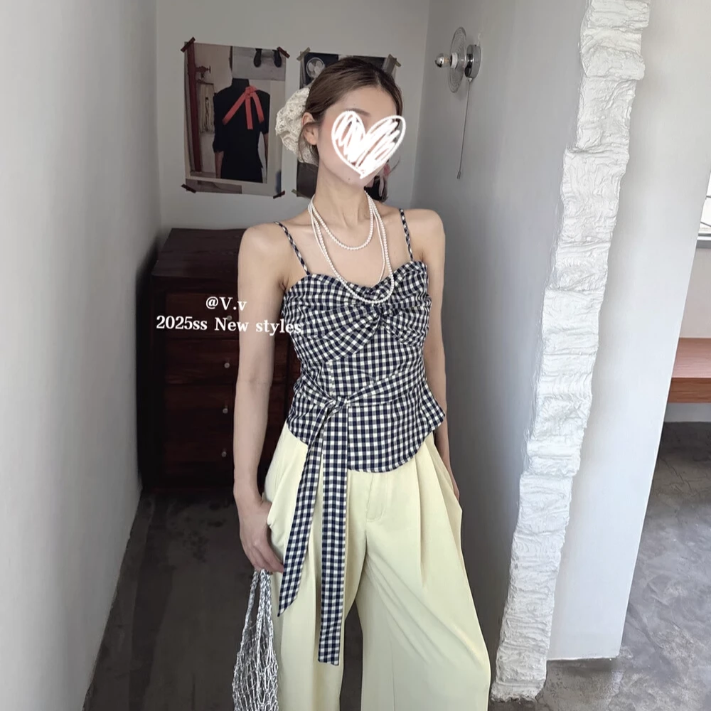 夏季新款韩版辣妹绑带格子吊带女