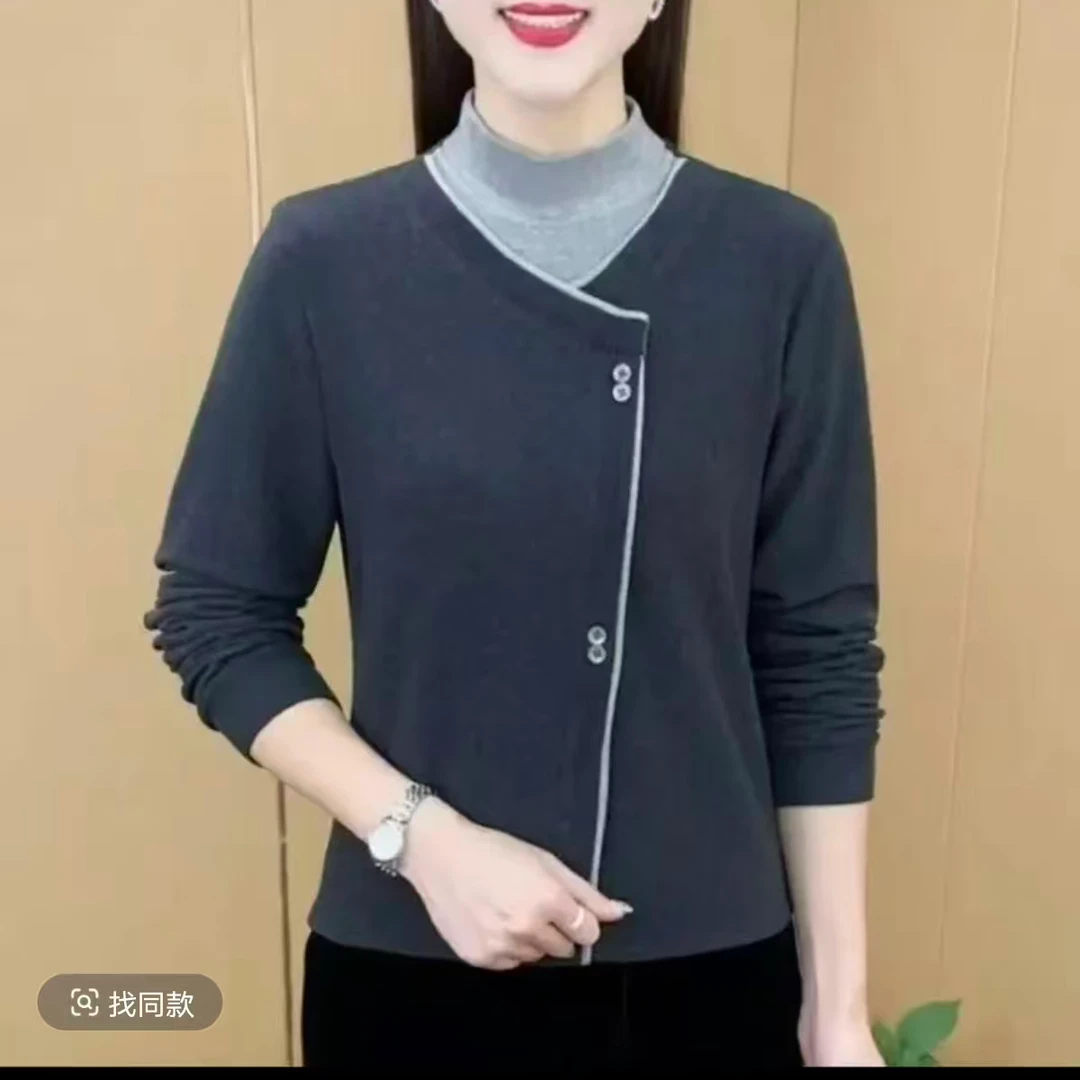 2025秋冬新品半高领拼接假两件打底衫气质女装秋季纯色长袖上衣