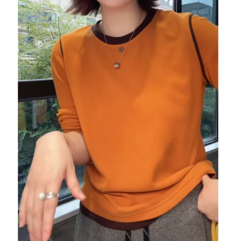 2025秋冬新款新款女士圆领撞色拼接T恤打底上衣LK2508081