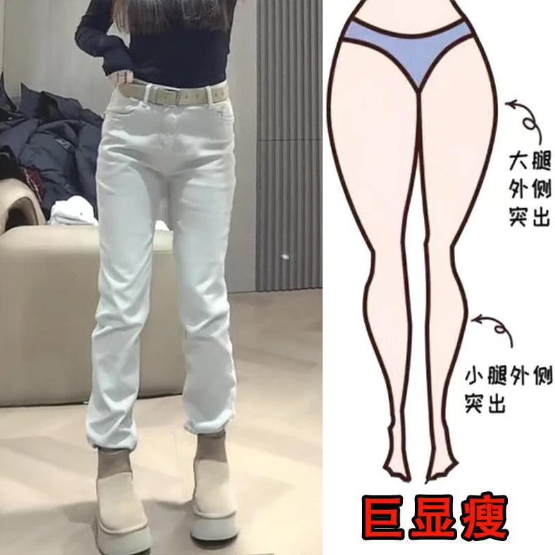 冬季新款时尚洋气简约窄版加绒欧美风遮肉显瘦高腰修身直筒牛仔裤