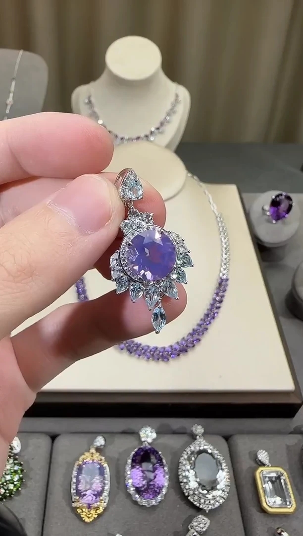 颈饰银S925镶嵌水晶10mm薰衣草吊坠流苏设计款