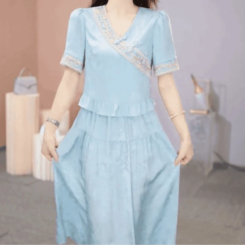 爆款2025夏季国风新中式减龄气质百搭假两件遮肚子显瘦女士中长裙