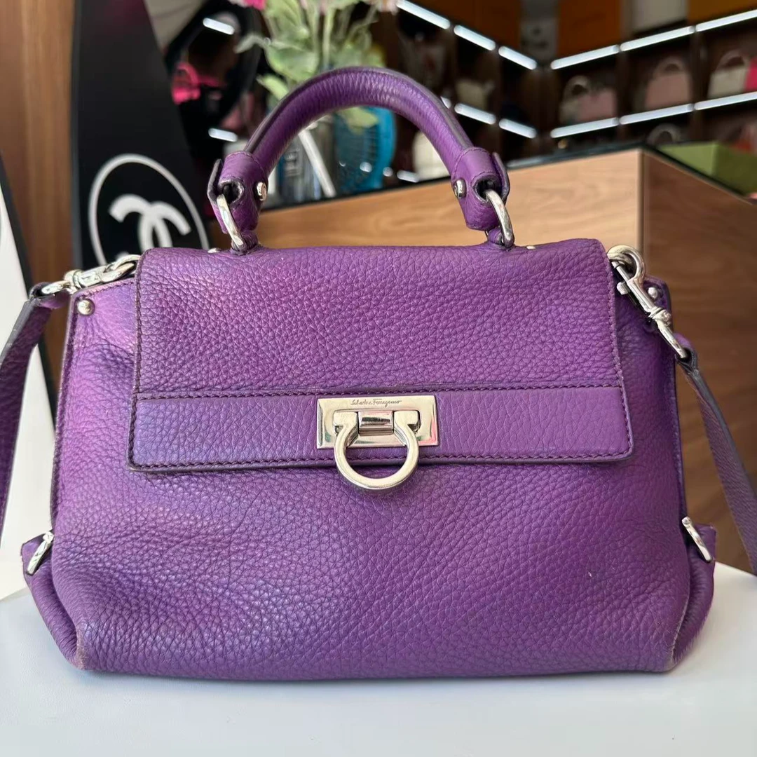 90新 FERRAGAMO/菲拉格慕 紫色荔枝纹马蹄扣中古/单肩时尚女士包