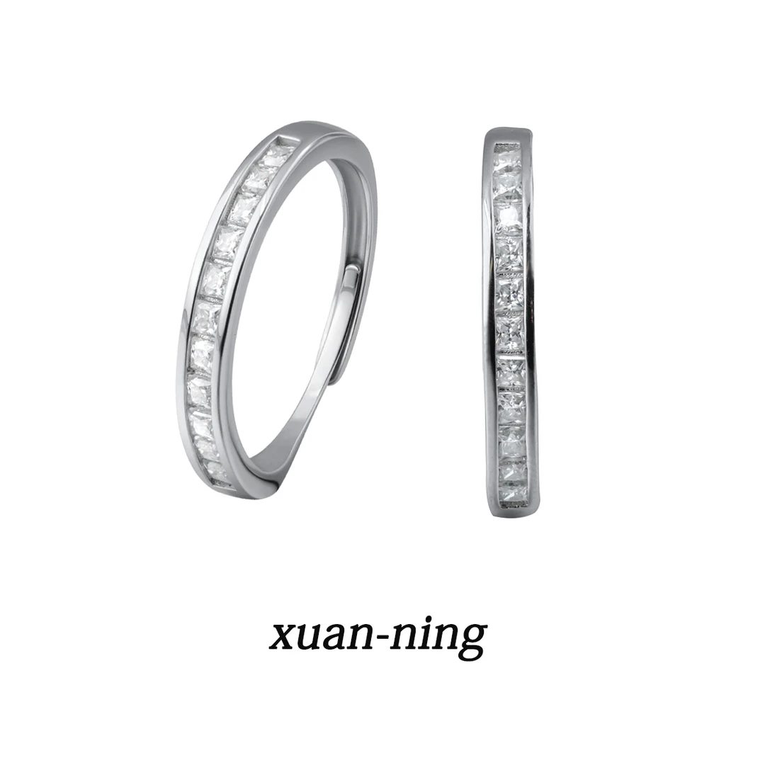 合金合成锆石戒指 小众轻奢碎冰冰方形镶嵌戒指情侣百搭可调指环