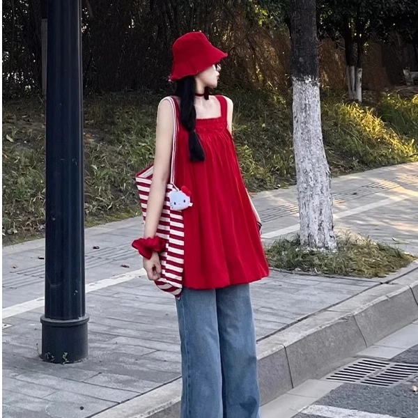 韩系红色露背无袖吊带背心女外穿2025新款减龄气质绝美鱼骨上衣