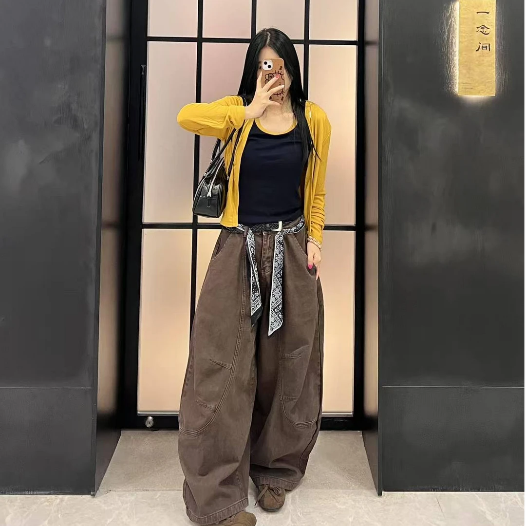 衣＋1菲  687韩版复古高街水洗高腰设计感百搭时髦弯刀牛仔长裤