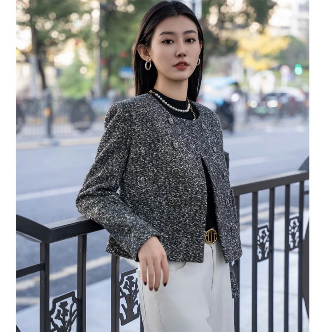 AMASS/阿玛施25新款双排扣圆领经典百搭小香风外套5400837粗花呢