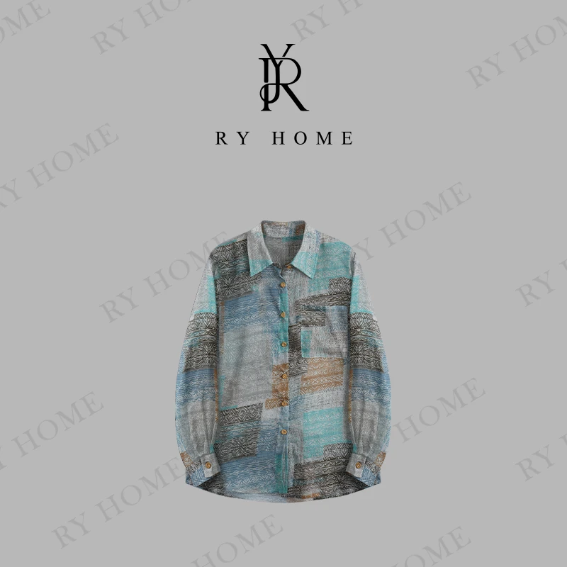 【容雨RYHOME】100%苎麻＋欧若风翻领撞色印花衬衫251C1397