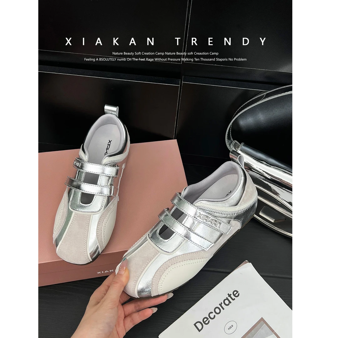 XIAKAN 银色内增高6cm魔术贴运动玛丽珍鞋女夏款百搭休闲德训鞋潮