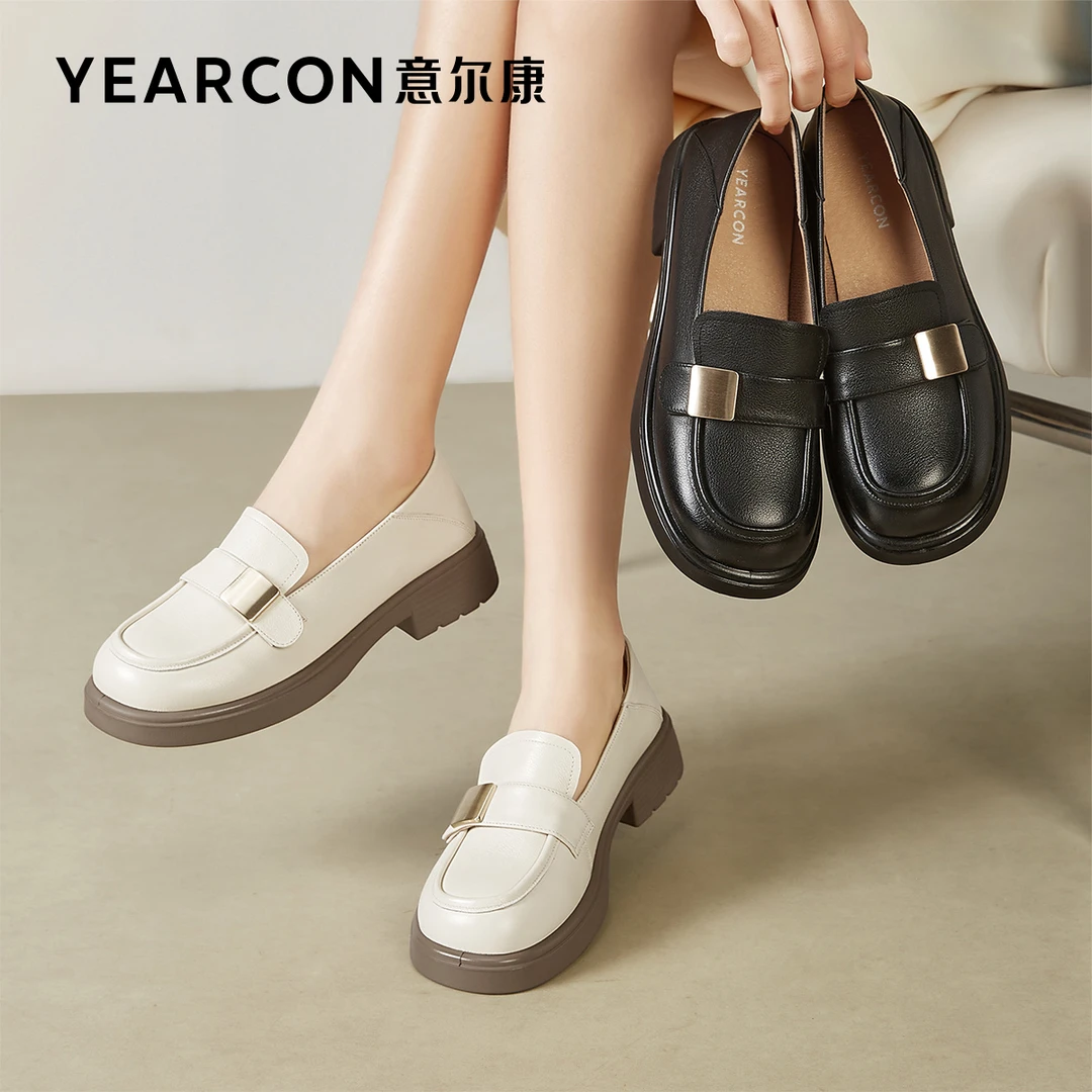 意尔康女鞋2025年春季新款真皮一脚蹬JK制服鞋女款金属软底乐福鞋