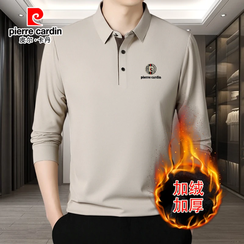 皮尔卡丹新款秋季加绒POLO衫男士高档翻领桑蚕丝长袖休闲保暖T恤