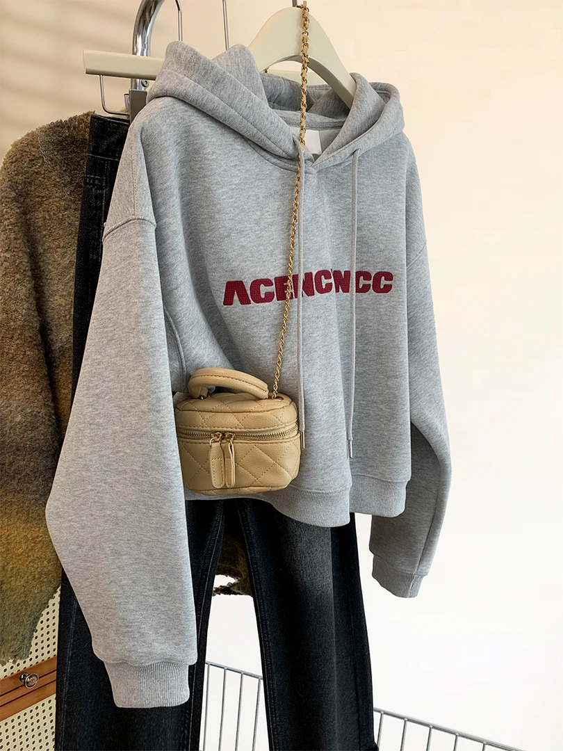 2025新款灰色连帽套头短款加绒卫衣秋冬爆款小个子宽松加厚上衣