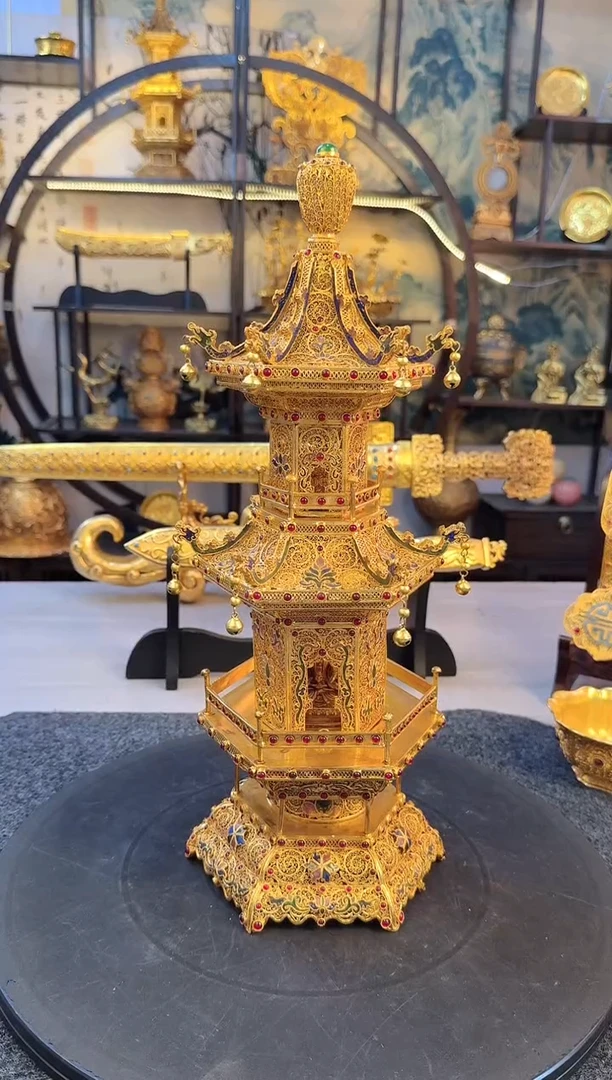 【闪购商品】紫铜鎏金花丝镶嵌佛塔1个