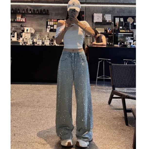B1198新款时尚重工烫钻满天星牛仔阔腿裤显瘦高腰夏季宽松女裤