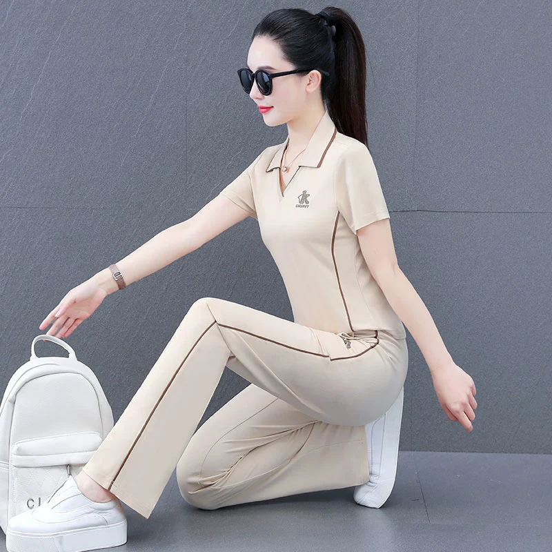 百搭运动服套装女2025新款夏季时尚短袖两件套休闲显瘦气质妈妈潮