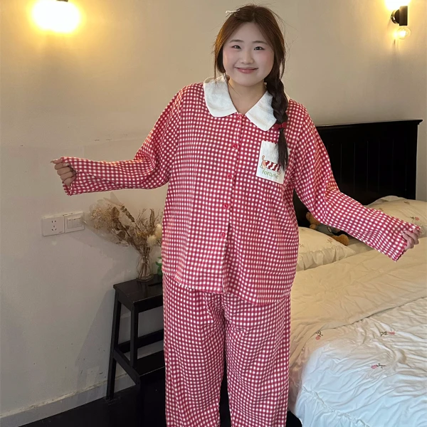 大码胖MM200斤春秋长袖长裤云朵棉娃娃领少女薄款格子圣诞睡衣