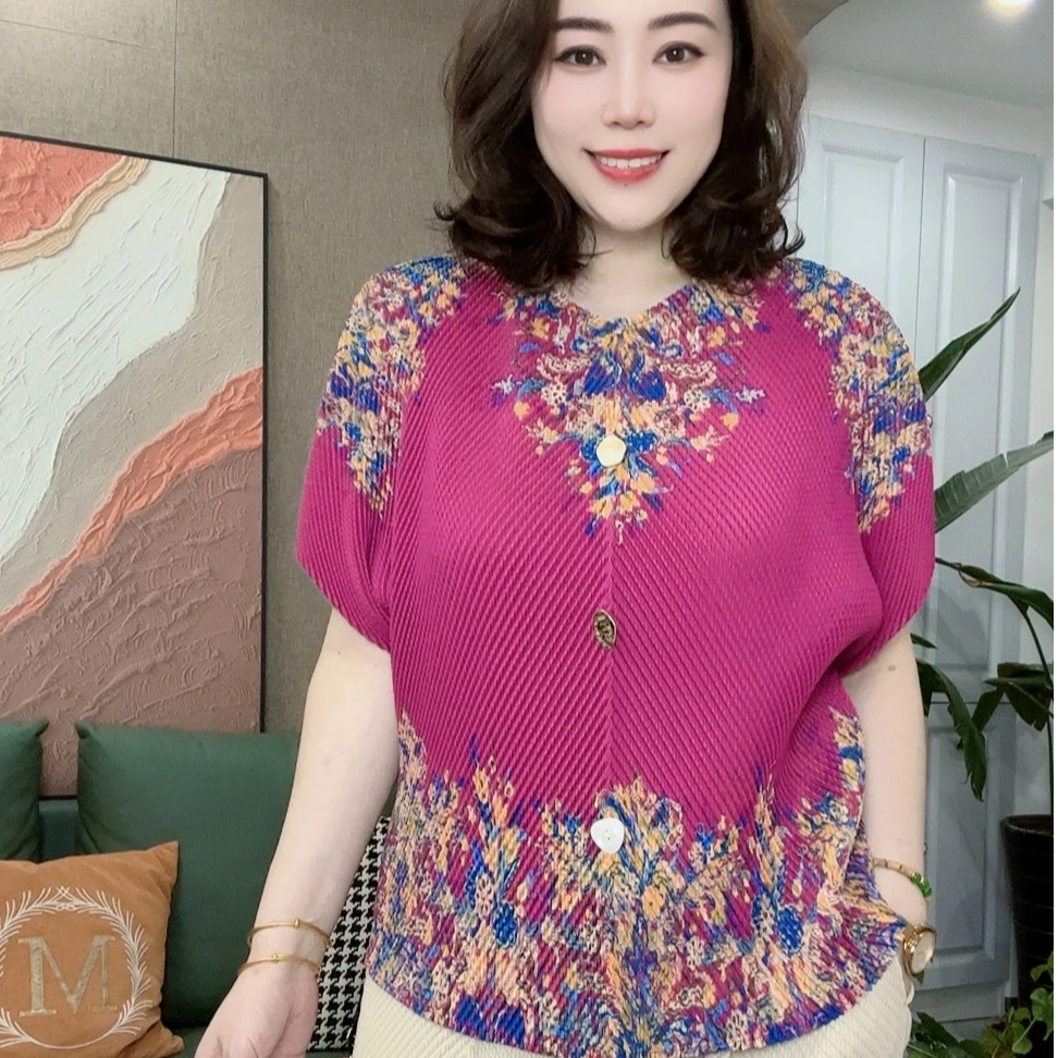 三宅褶皱大码女装3扣定位花落肩袖短袖8606高弹T恤