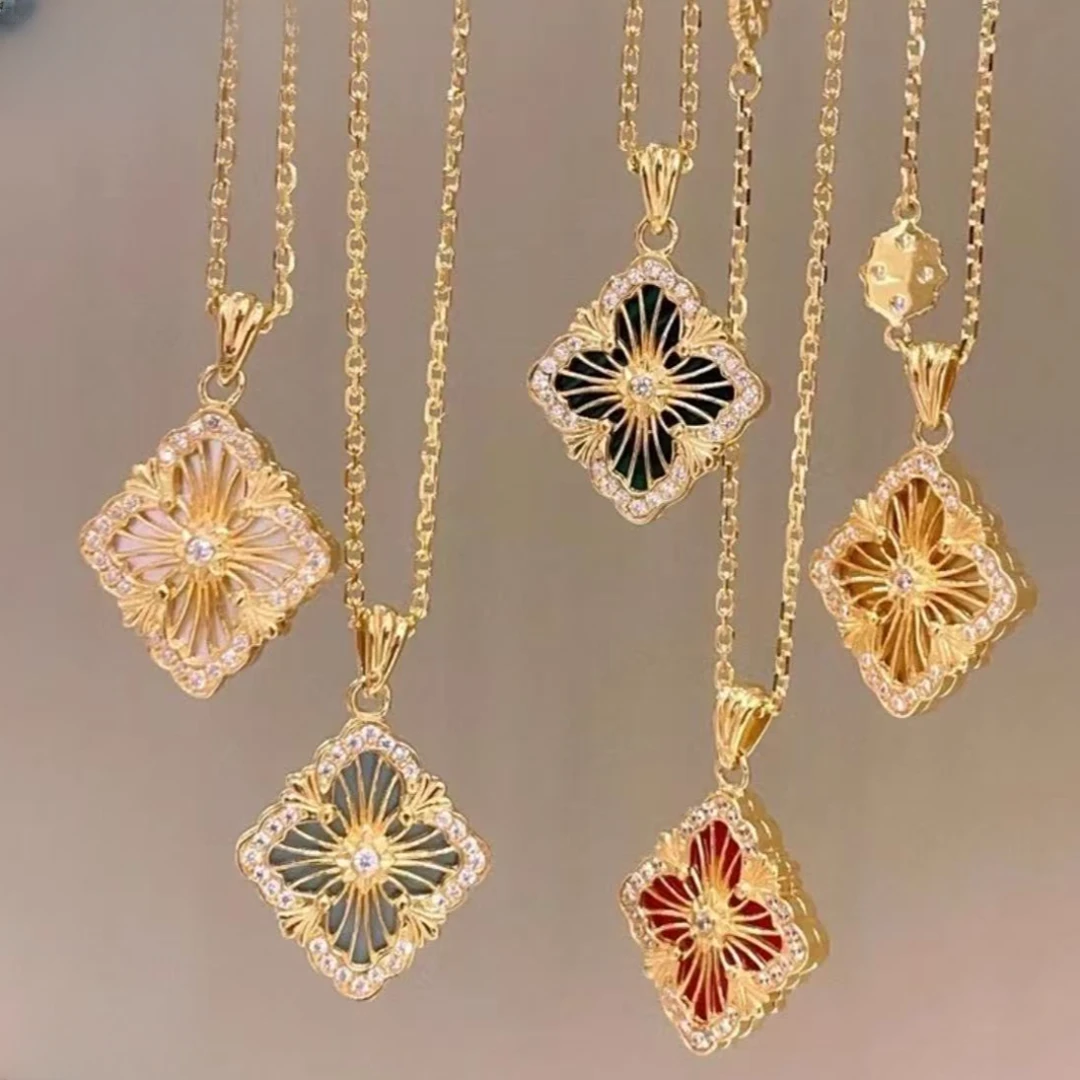 18K玫瑰金黄色菱形四草项链Au750项链