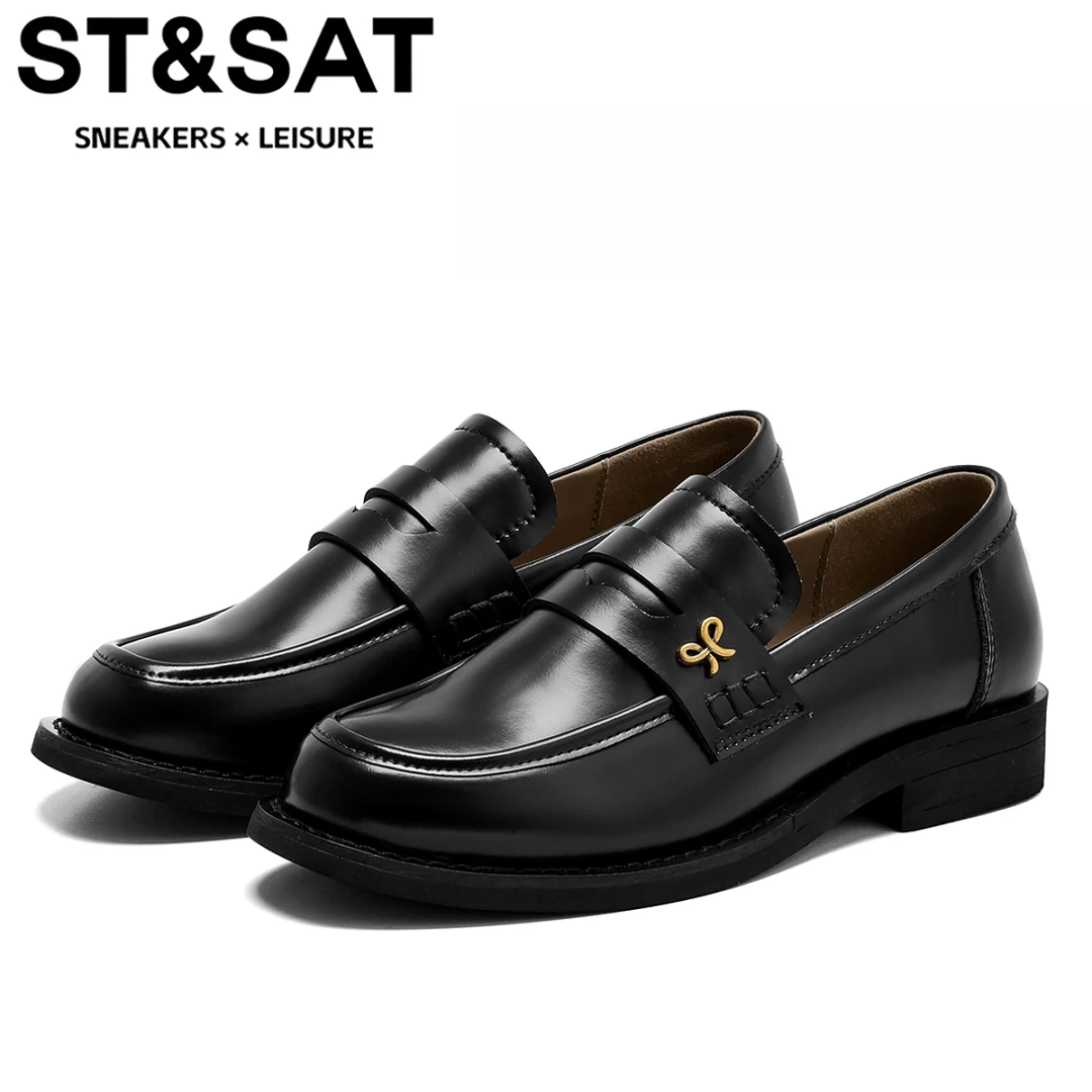 星期六真皮轻便超自在学院豆豆鞋女2025冬季新款浅口小皮鞋乐福鞋