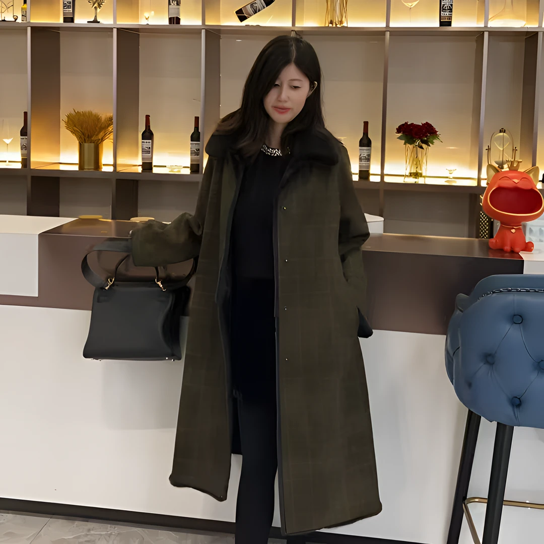 木质调 格纹桑蚕丝 水貂皮双面穿大衣 英伦格调 大牌气质显瘦大衣