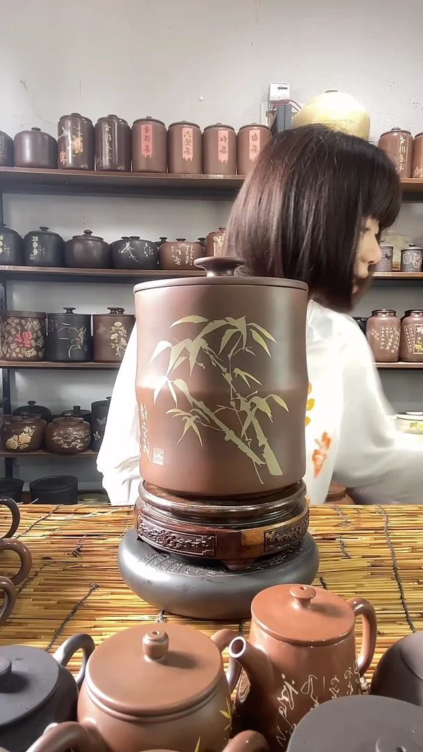 5建水紫陶手工彩填醒茶罐