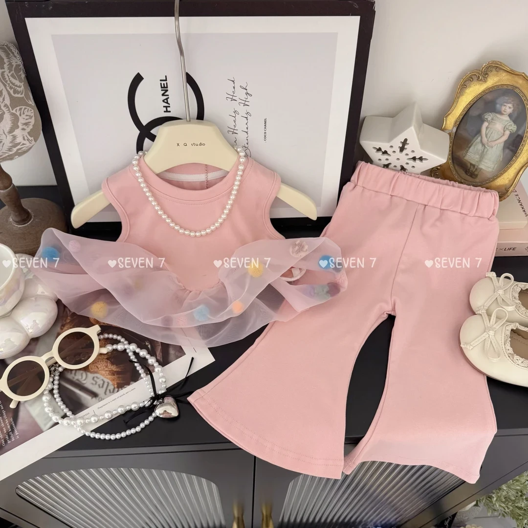 女童背心套装2025夏季洋气儿童宝宝甜美球球无袖九分喇叭裤两件套