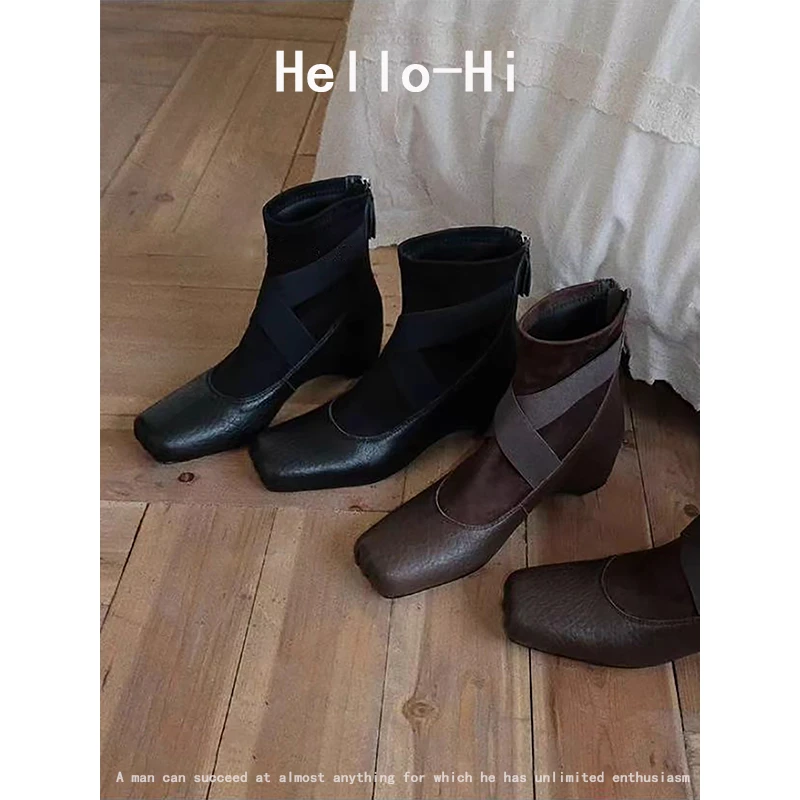 羊皮版~极简风方头芭蕾交叉带5cm时装短靴女复古时尚大象纹瘦瘦靴