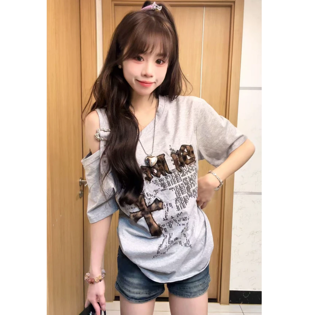 红色芝士redcheese美式斜肩短袖夏季豹纹设计感重磅潮牌宽松露肩