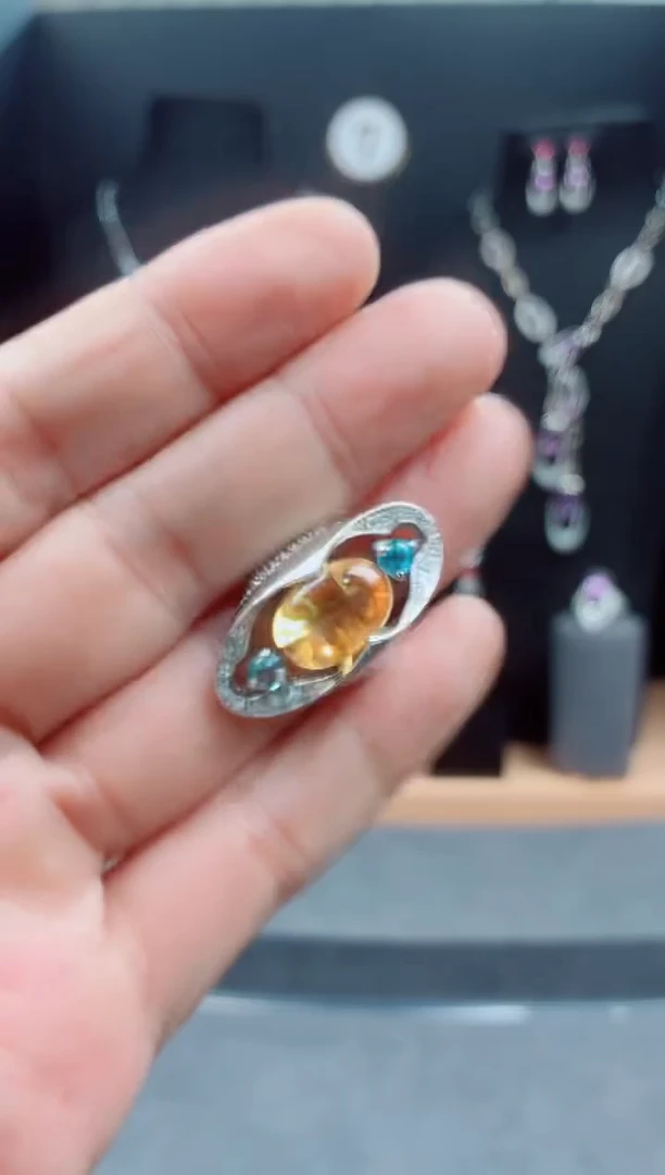 银S925镶嵌戒指黄晶橄*妈黄晶戒指15#