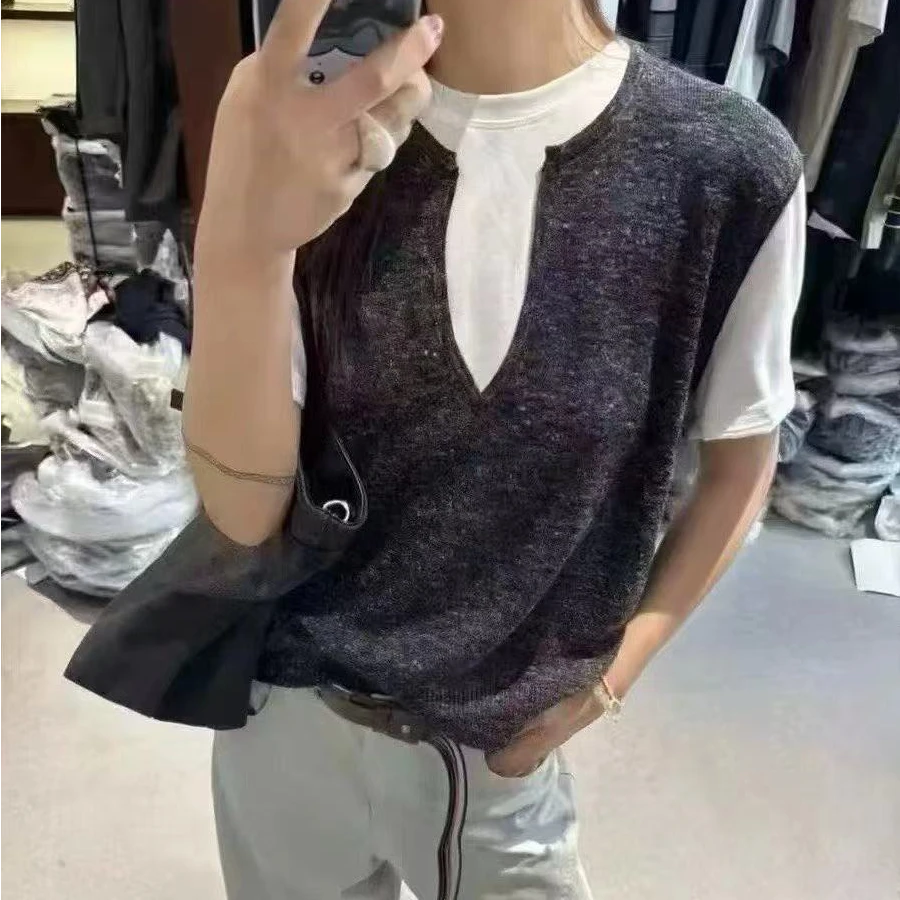【阿婷家】00385早秋新款显瘦假两件拼接T恤