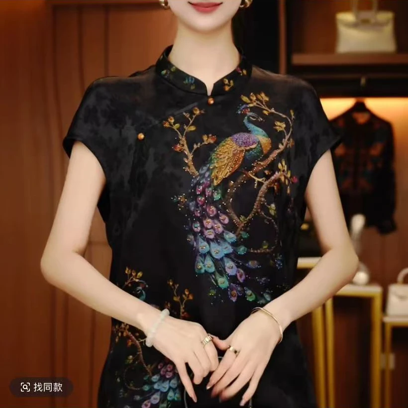 新中式盘扣衬衫女短袖夏季中国风烫钻时尚百搭气质妈妈装印花上衣