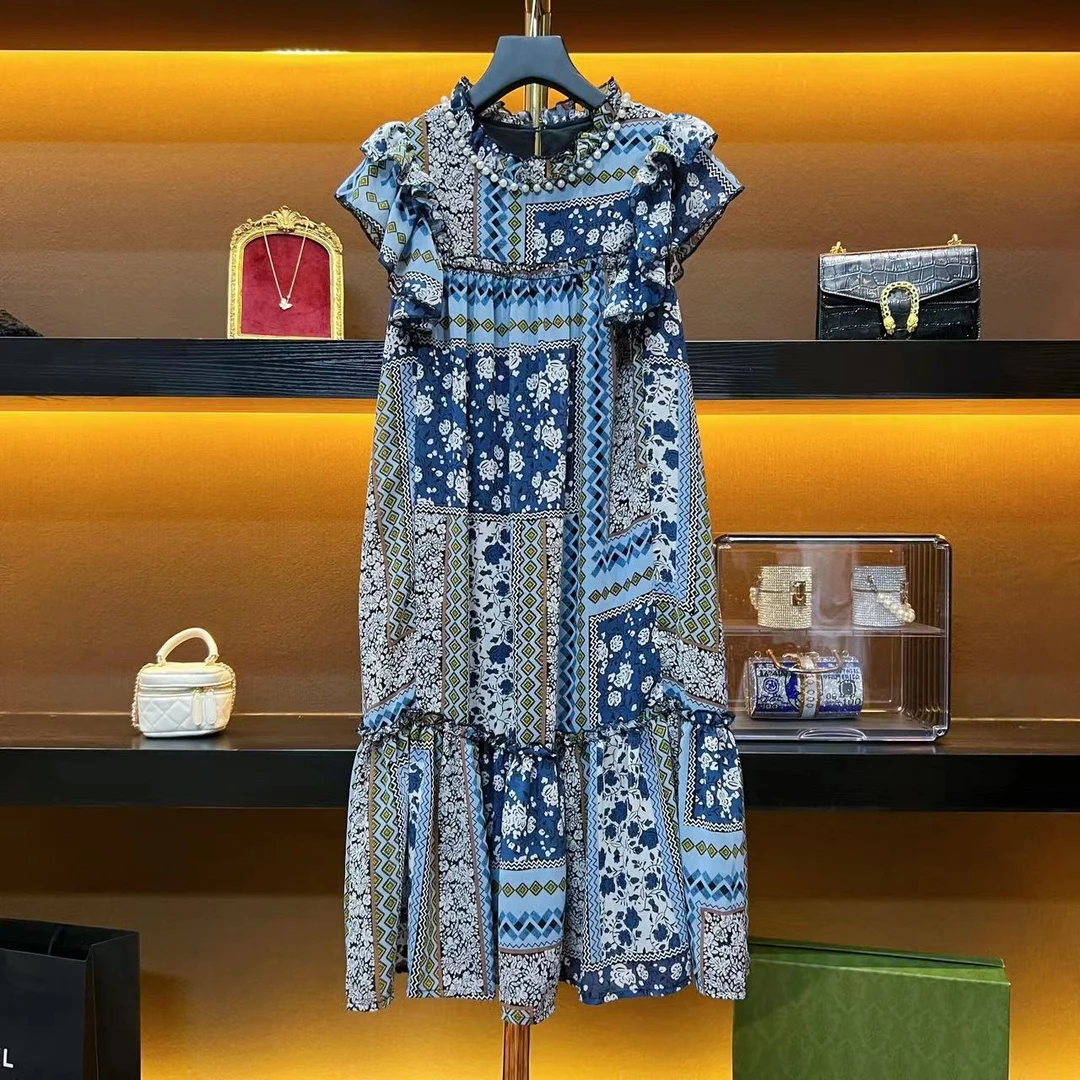 【莎莎】夏季时尚修身优雅气质印花中长款连衣裙8719