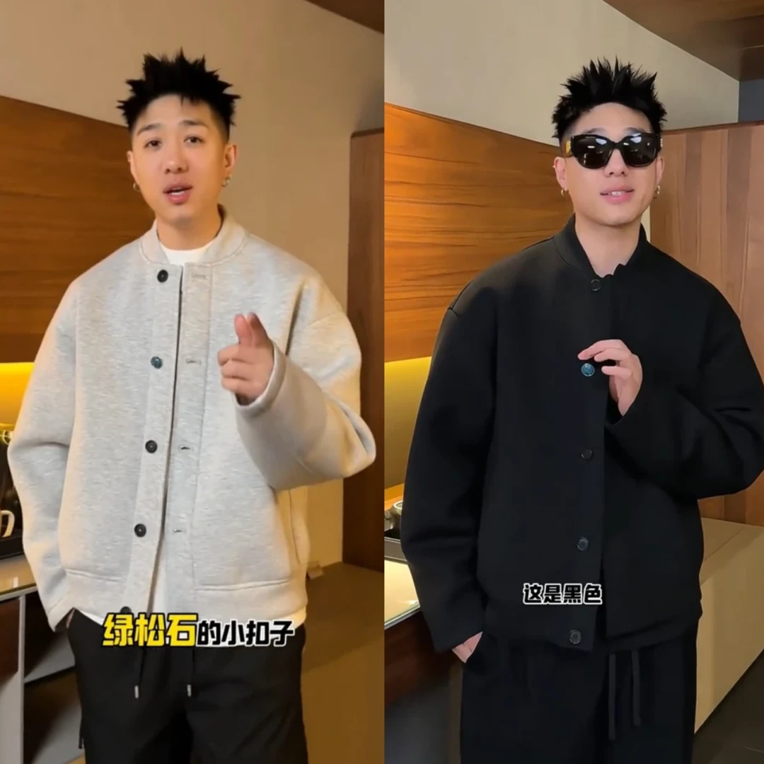 春季新款绿松石纽扣棒球服上衣时尚休闲慵懒风情侣夹克老钱外套男