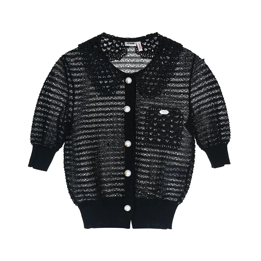 LeFame/拉飞姆2025夏季新品钉珠镂针织开衫短袖女T恤LF25X02ZM239