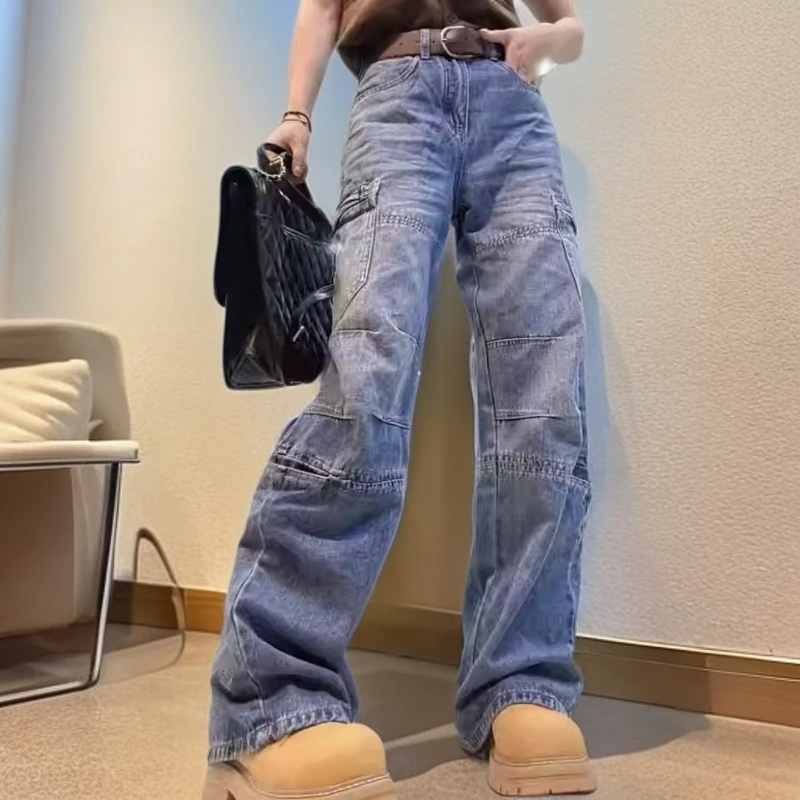 早秋新款高腰百搭拉链女士牛仔裤2025时尚梨形身材显瘦弯刀工装裤