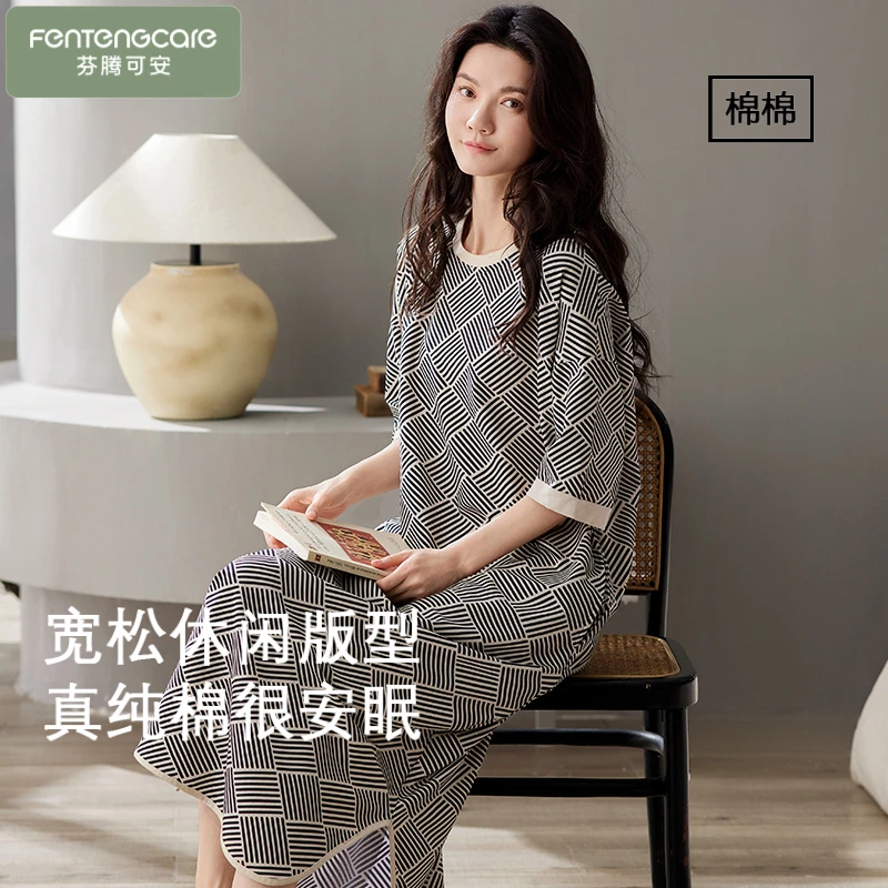 芬腾可安睡裙女款夏季纯棉短袖2025年新款夏天薄款长款睡衣家居服