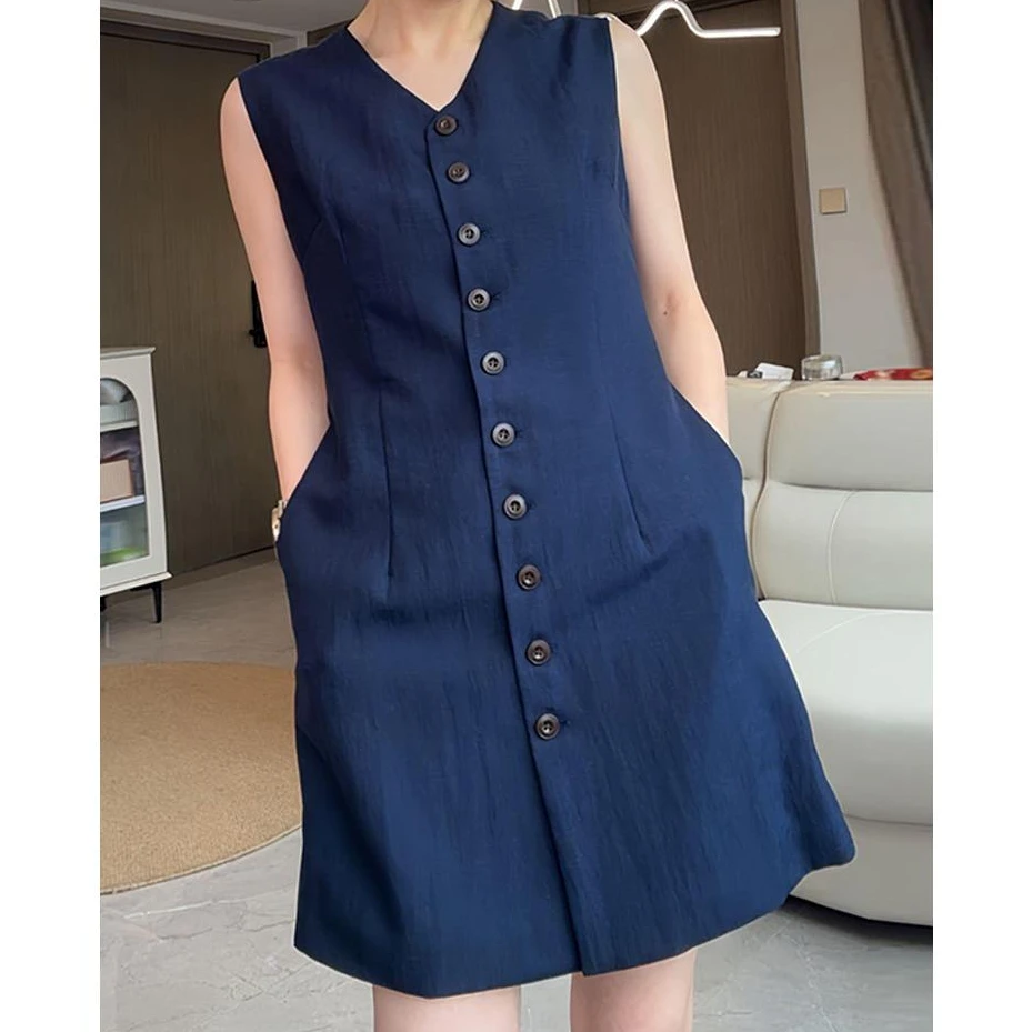 韩版收腰显瘦天丝亚麻连衣裙女2025夏季新款小众设计感无袖中裙子