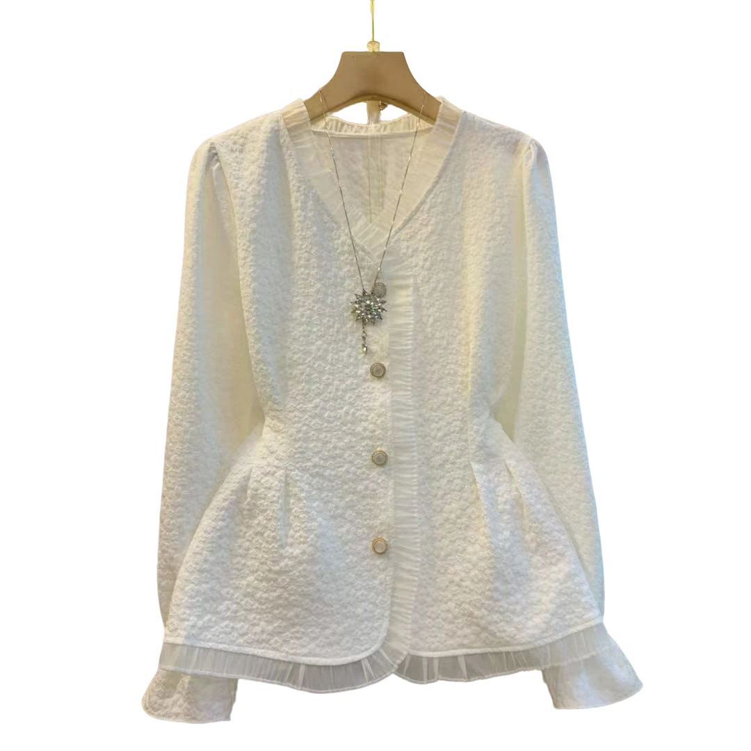 早春新款V领收腰正肩气质打底时尚衬衫上衣