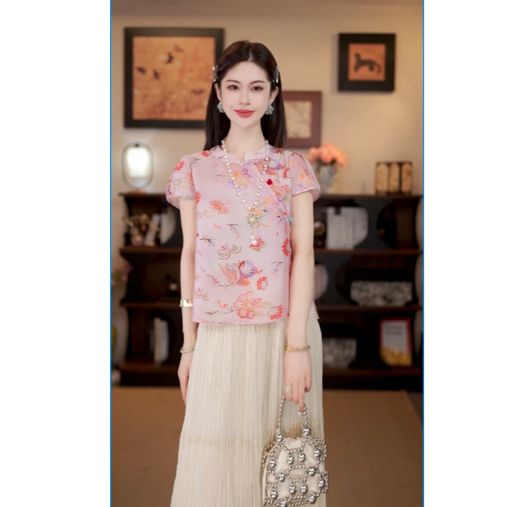 仫赐【芬芳】新中式立领扎染斜襟上衣2025春夏新款上衣小衫G8521