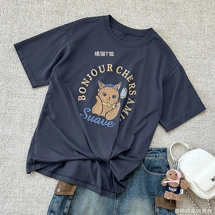 现货 橘猫T恤 凉感莱赛尔_萌趣减龄圆领印花短袖上衣-周二