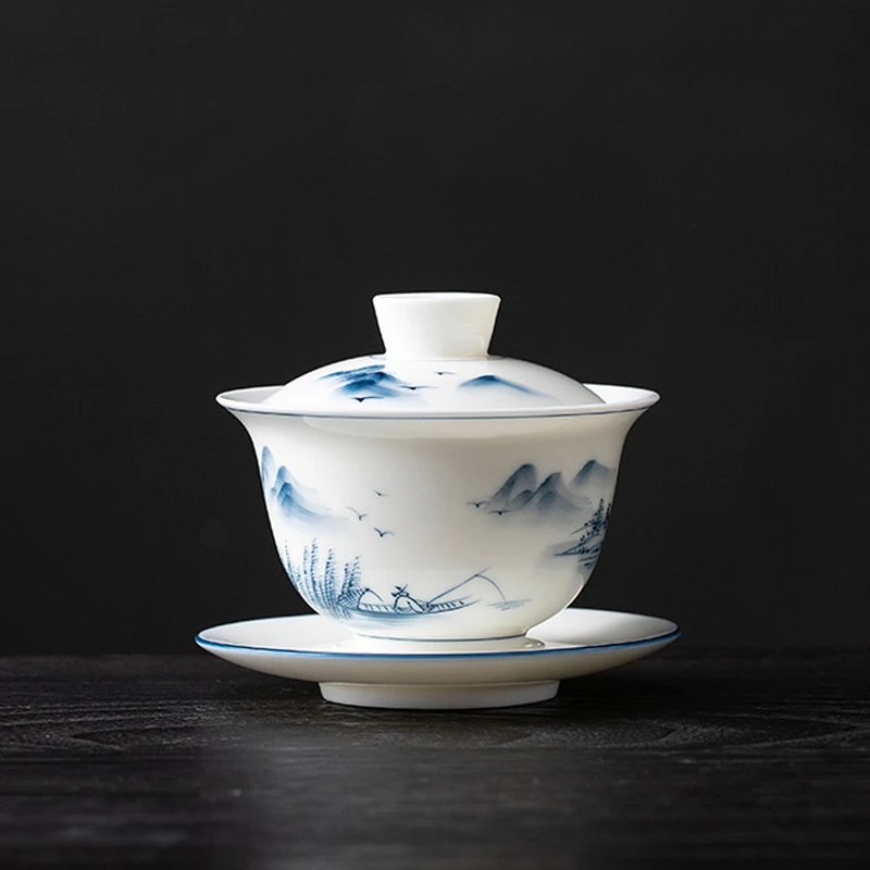 手绘湖光山色悬停盖碗陶瓷茶具功夫茶泡茶盖碗轻奢一人茶具茶杯