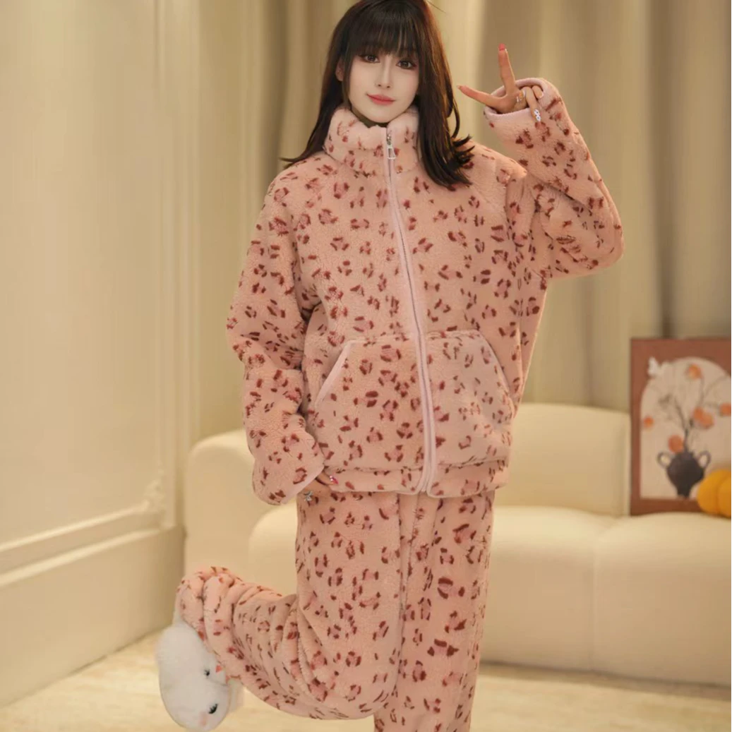 【保暖加绒】女士睡衣韩版少女豹纹印花加绒加厚保暖家居服套装